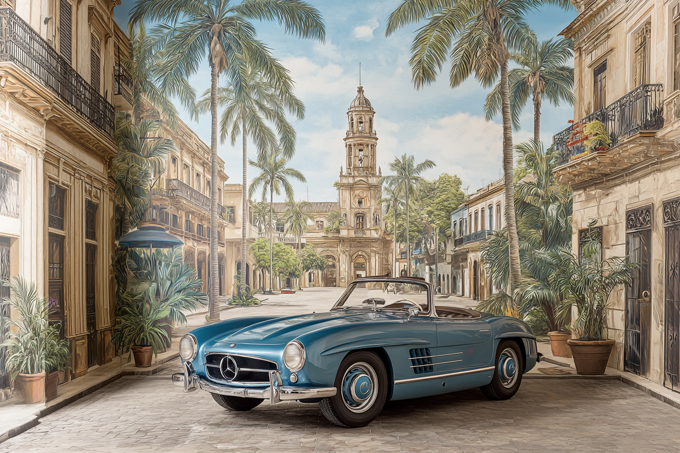 Blaür Konvertible Auto Mit Palmbäumen Und Historischer Architektur | Oldtimer | Mobilitaet und Technik
