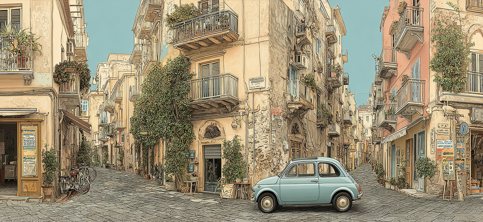 Charmante Strassenszene Mediterranes Flair Mit Blaüm Auto Und Fahrradern | Oldtimer | Mobilitaet und Technik