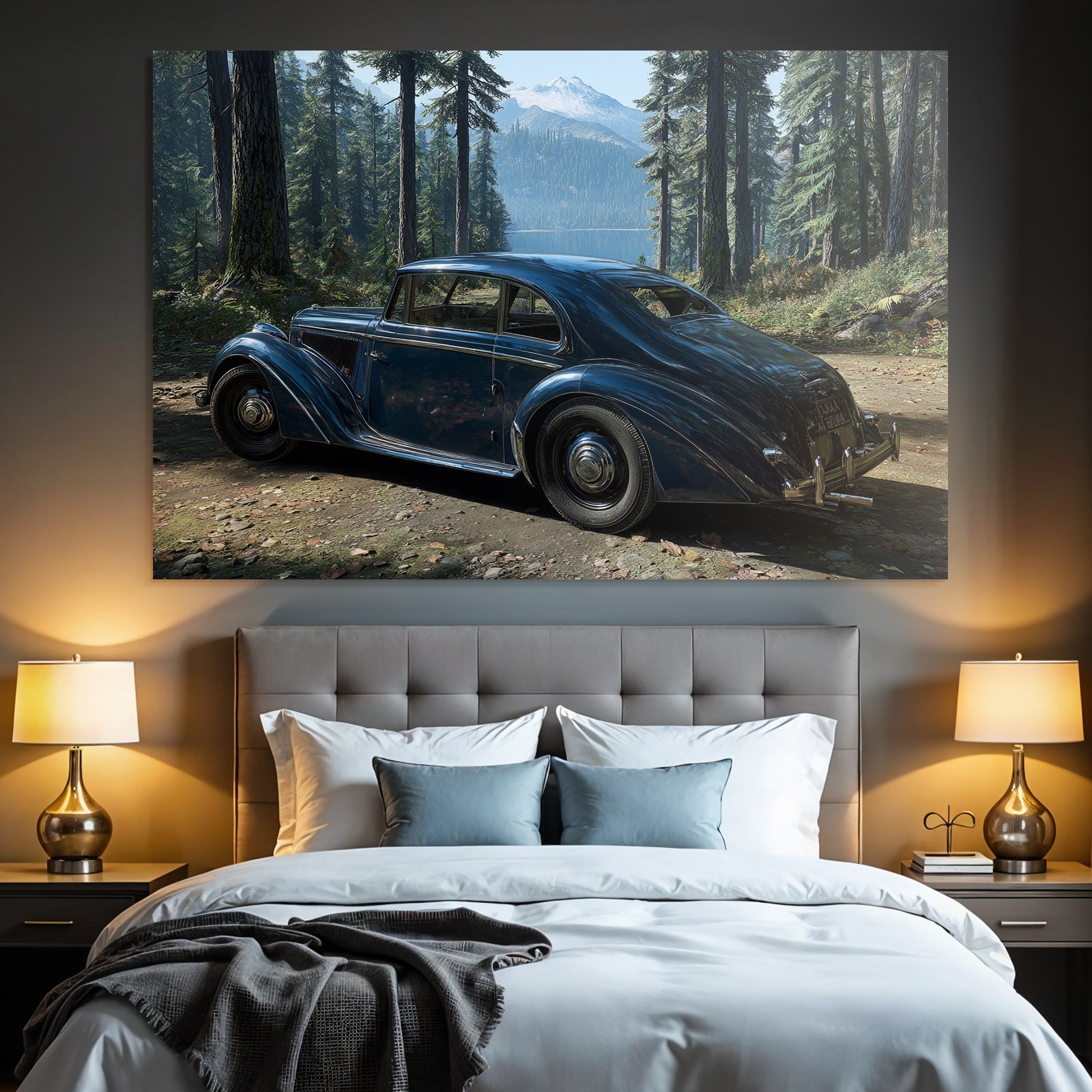 Klassisches Blaüs Autopark In Wald Mit Bergen Und See
