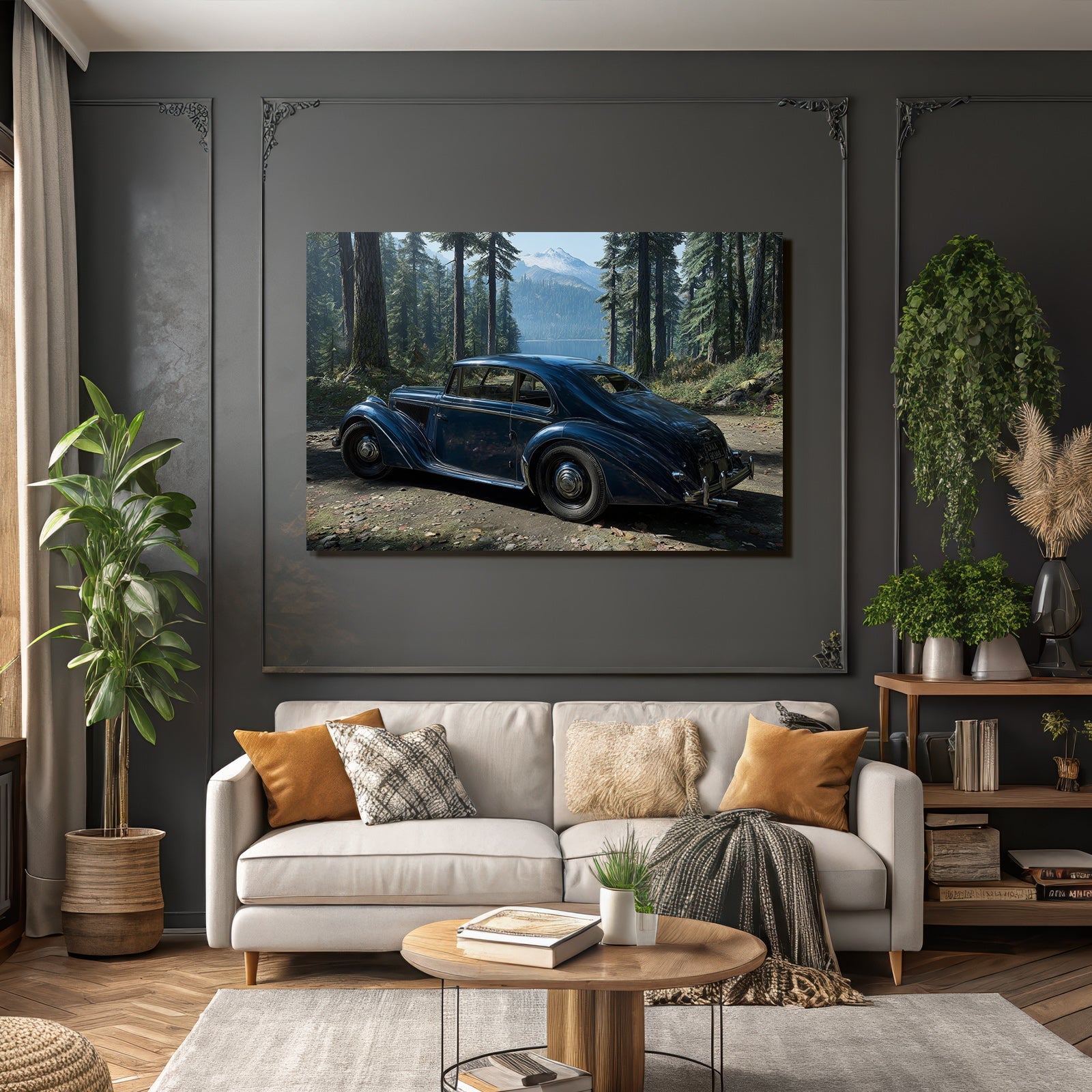 Klassisches Blaüs Autopark In Wald Mit Bergen Und See