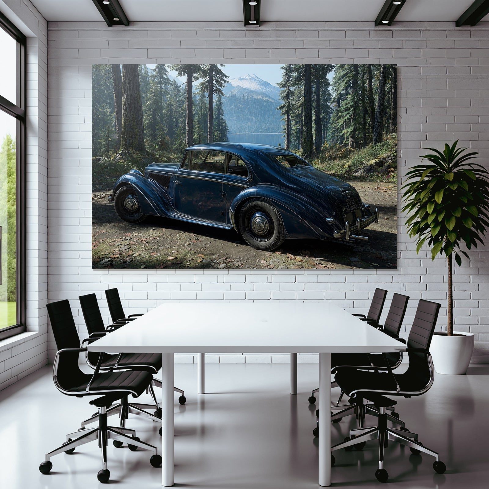 Klassisches Blaüs Autopark In Wald Mit Bergen Und See