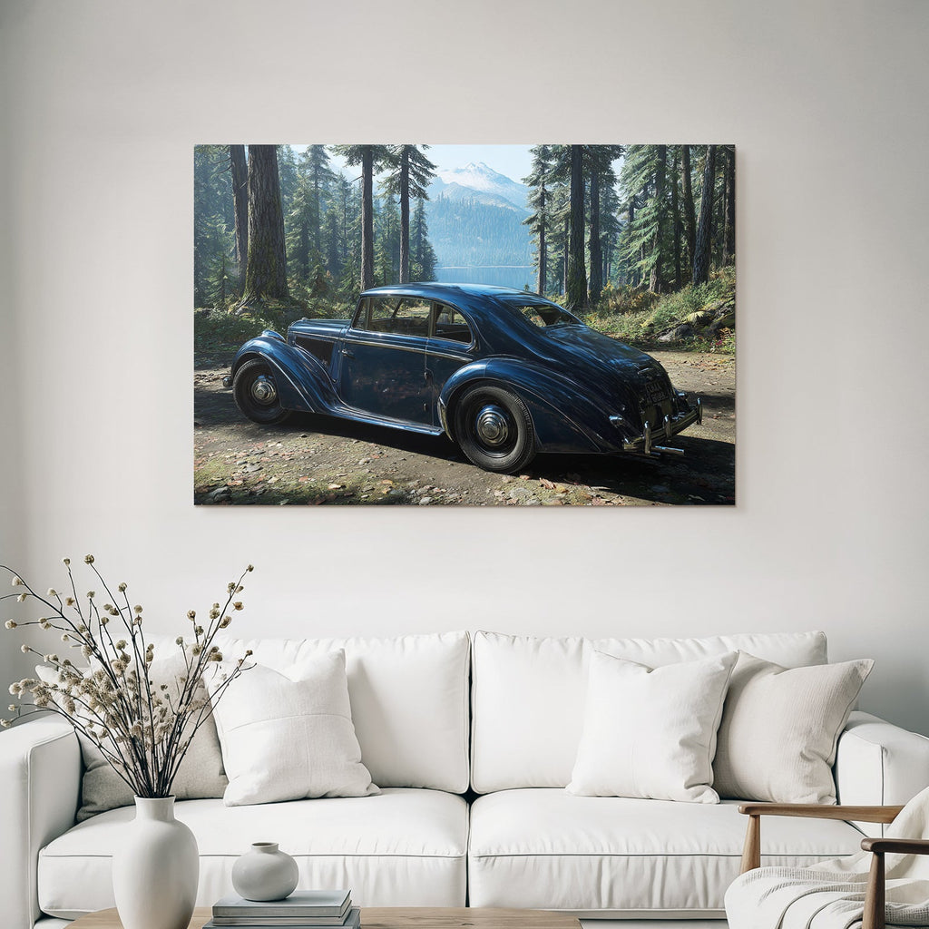 Klassisches Blaüs Autopark In Wald Mit Bergen Und See