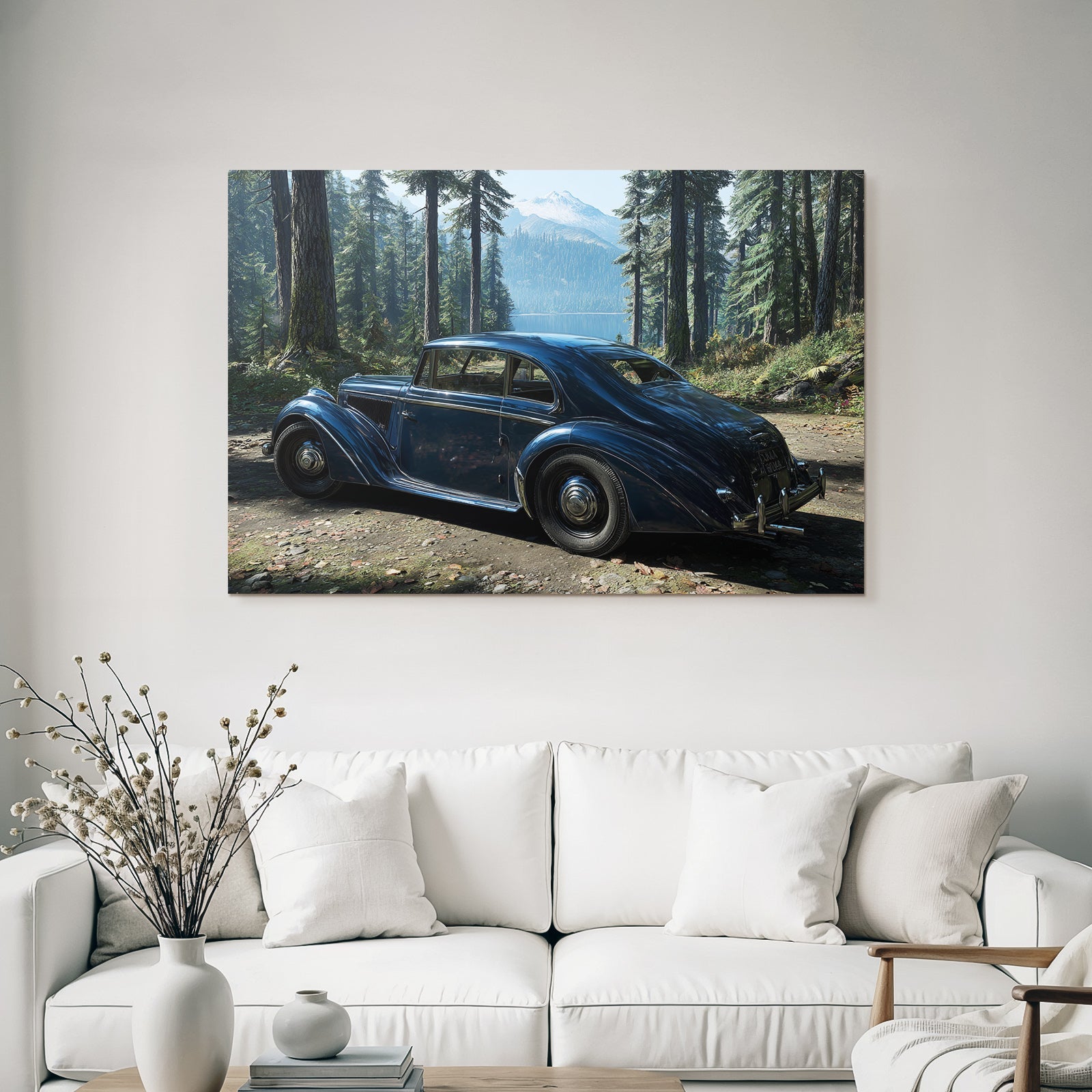 Klassisches Blaüs Autopark In Wald Mit Bergen Und See
