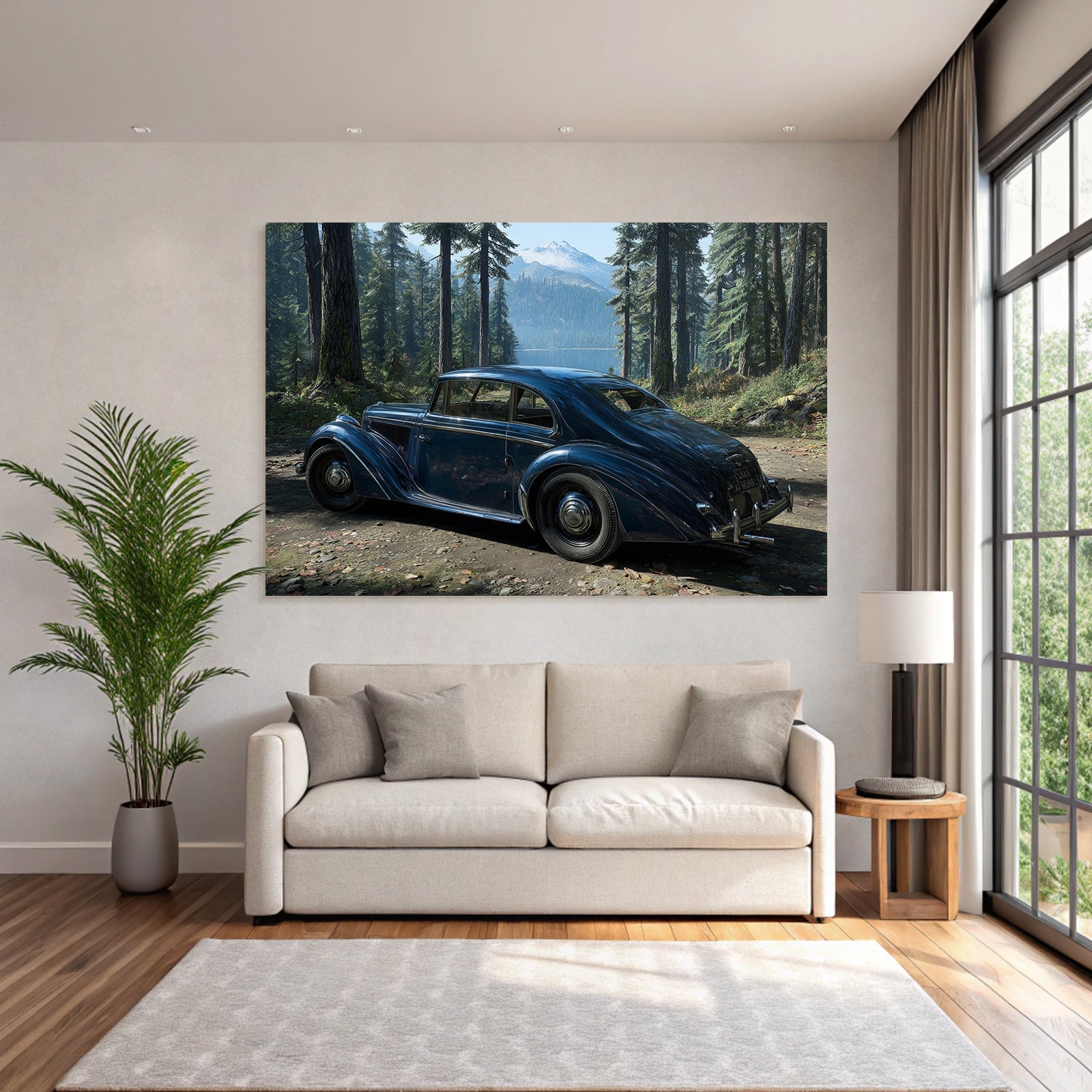 Klassisches Blaüs Autopark In Wald Mit Bergen Und See