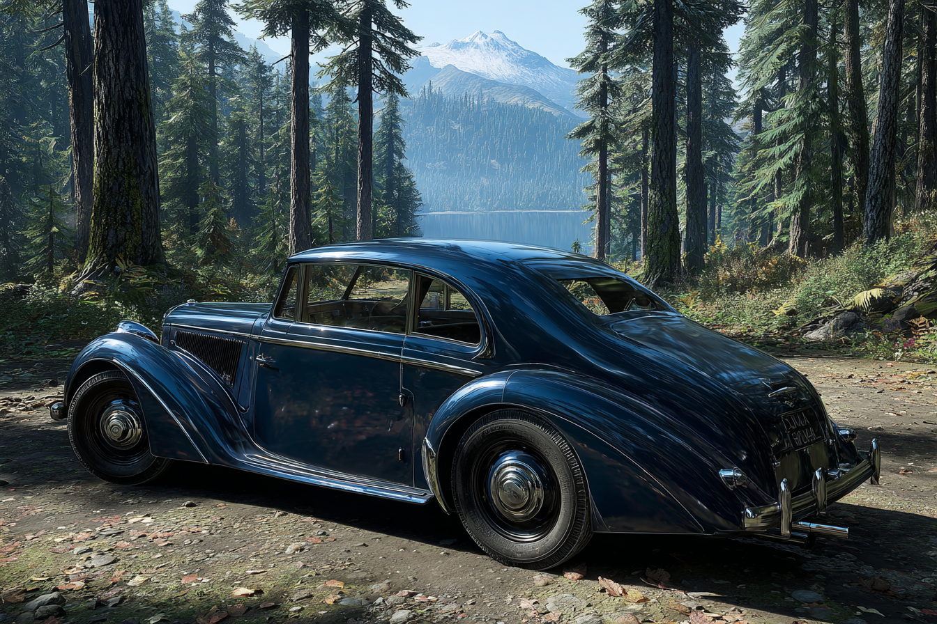 Klassisches Blaüs Autopark In Wald Mit Bergen Und See | Oldtimer | Mobilitaet und Technik