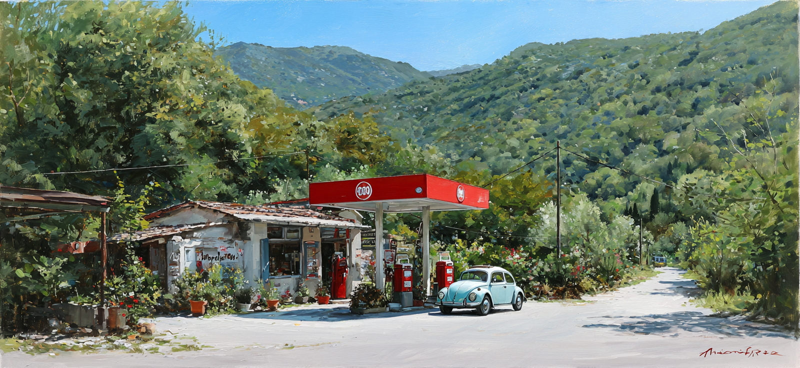 Landgasthof Mit Vintage Auto Umgeben Von Grünen Bergen | Oldtimer | Mobilitaet und Technik