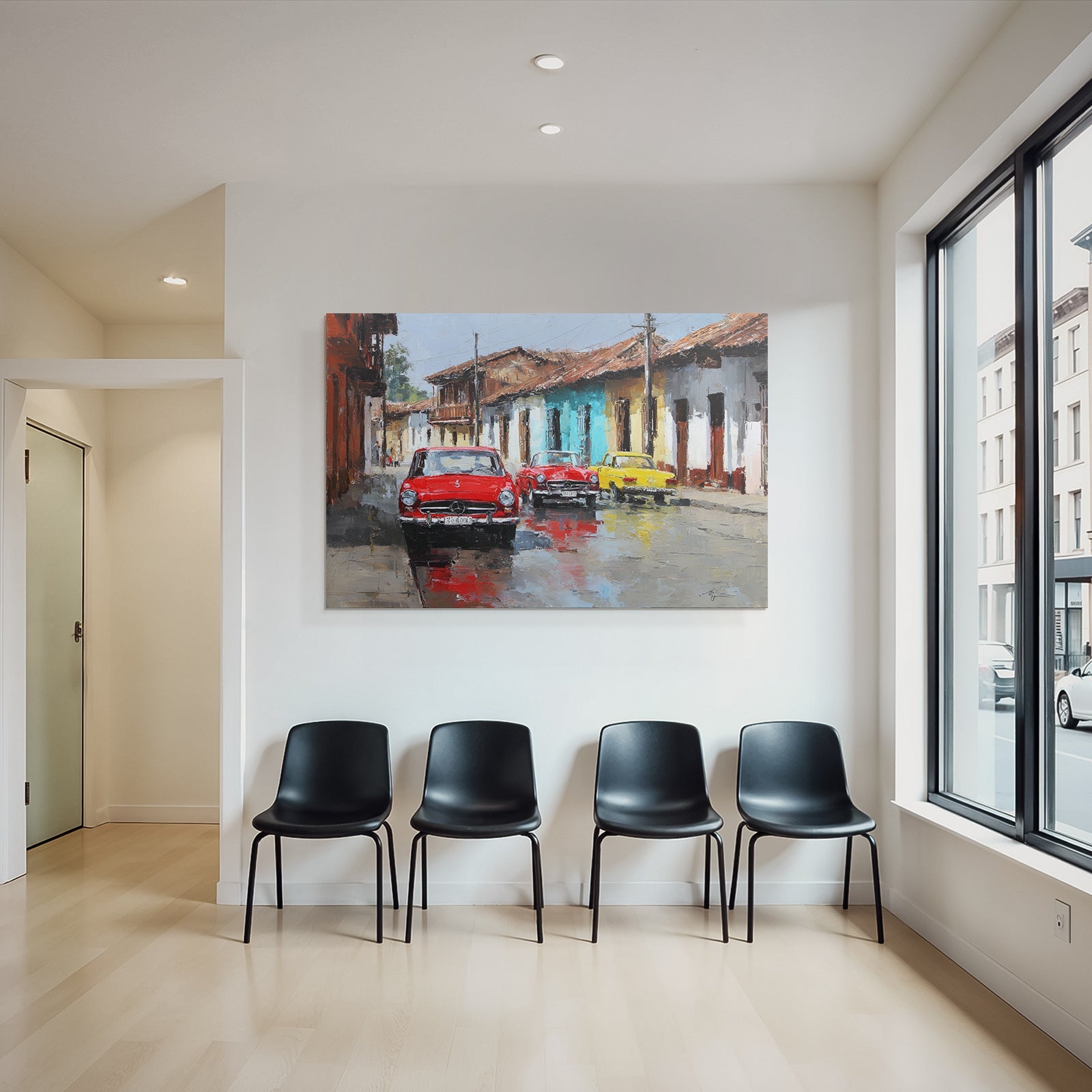 Lebendige Strassenszene Mit Klassischen Autos Auf Kopfsteinpflaster