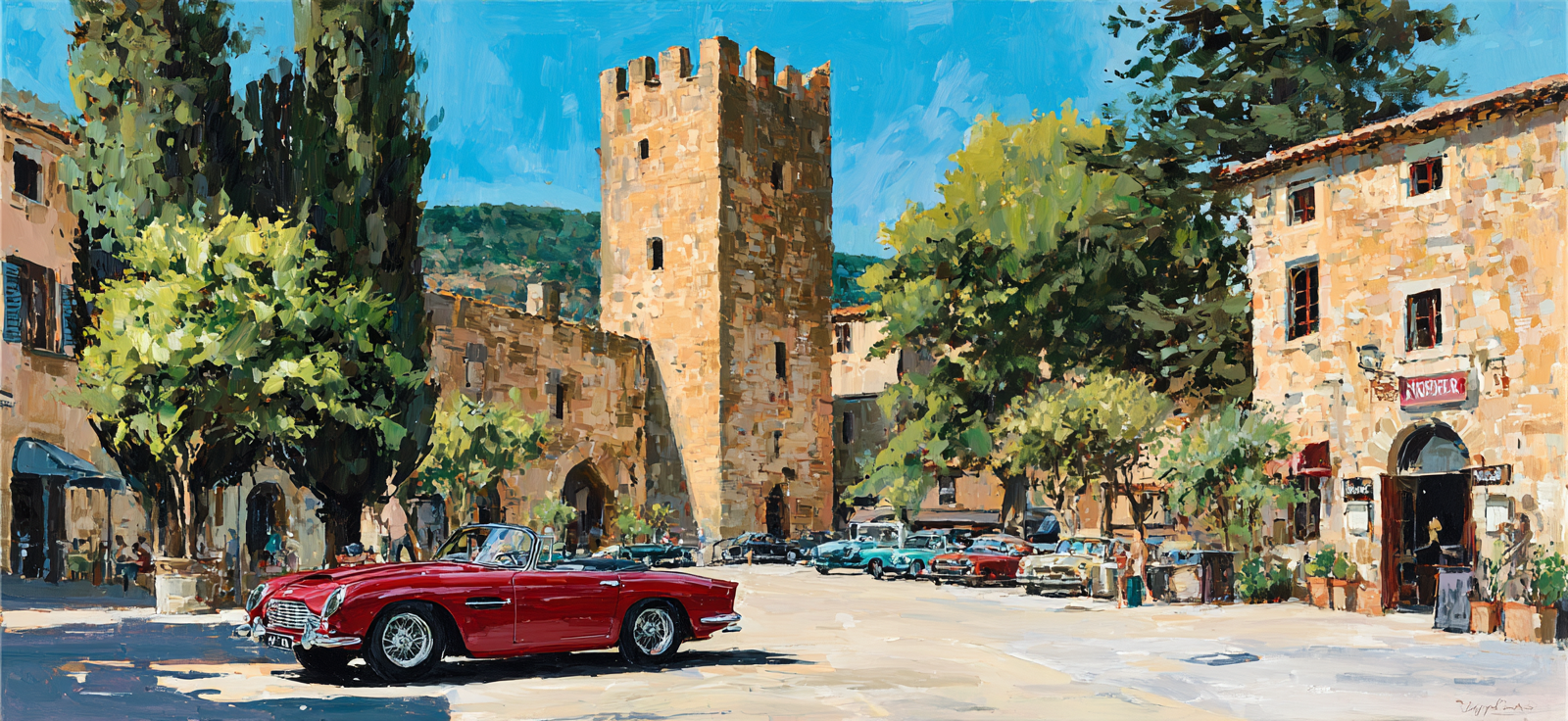 Malerische Stadtansicht Mit Rot Klassischem Auto Und Stein Turm | Oldtimer | Mobilitaet und Technik