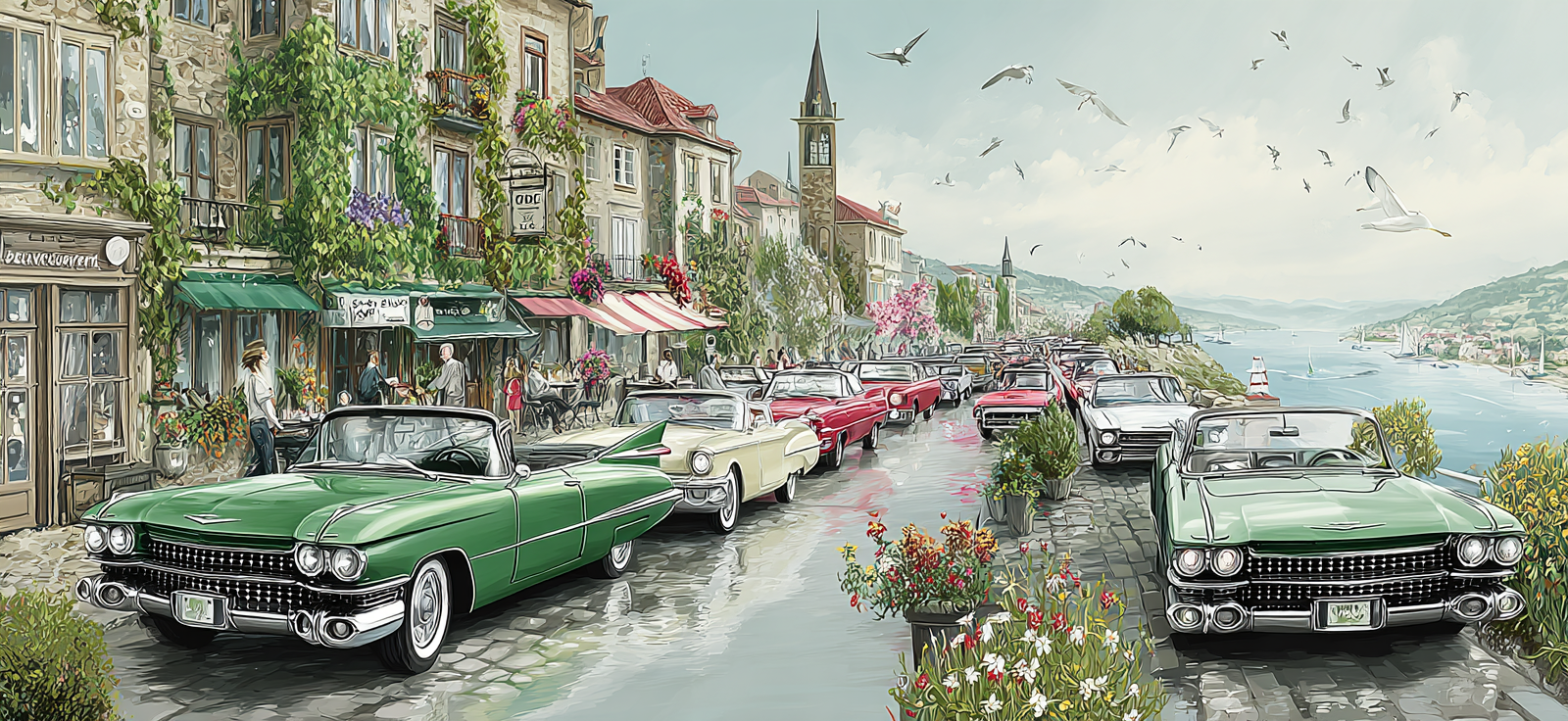Malerische Szene Mit Klassischen Autos Und Historischen Gebäuden An Einem Fluss | Oldtimer | Mobilitaet und Technik