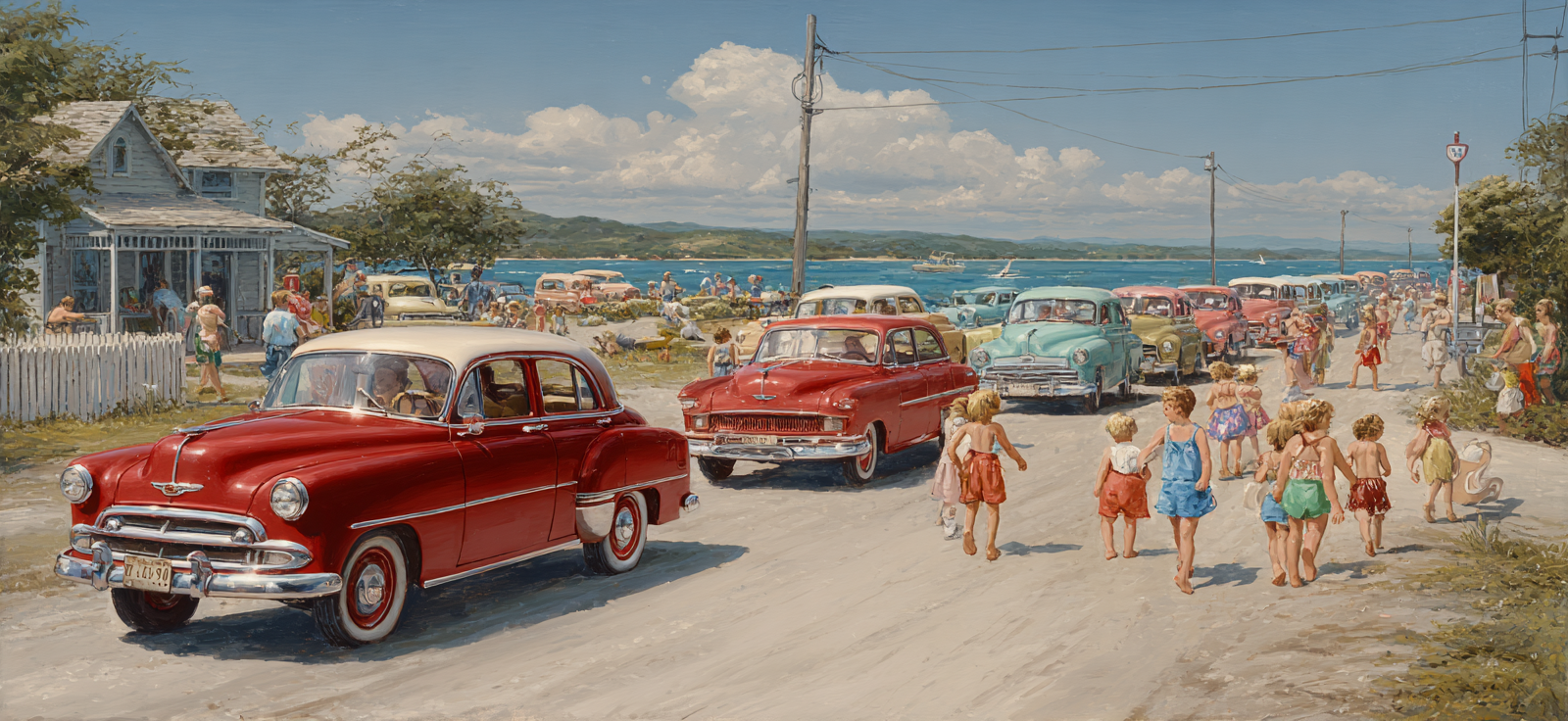 Nostalgisches Sommer Szene 1950er Jahre Strand Karte Familienurlaub | Oldtimer | Mobilitaet und Technik