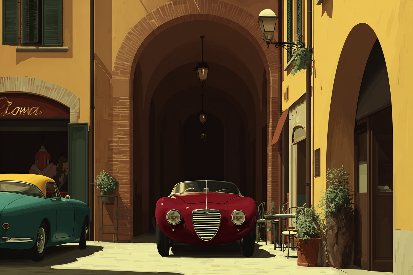 Quaint Street Scene With Red Car In Archway European Town | Oldtimer | Mobilitaet und Technik