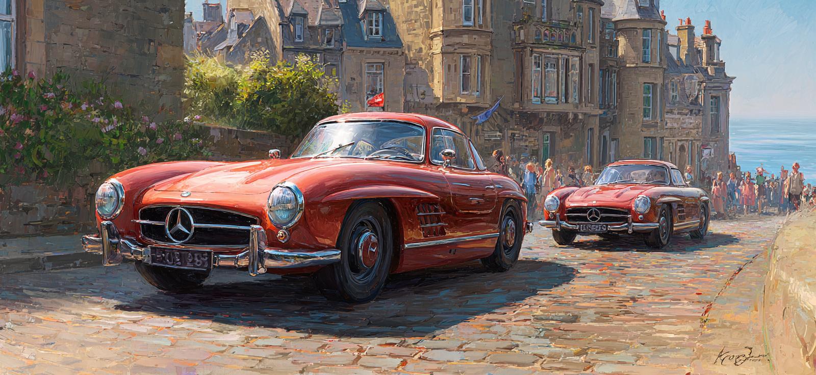 Rote Mercedes Benz Autos Cobblestone Strasse Mit Menschen Hintergrund | Oldtimer | Mobilitaet und Technik