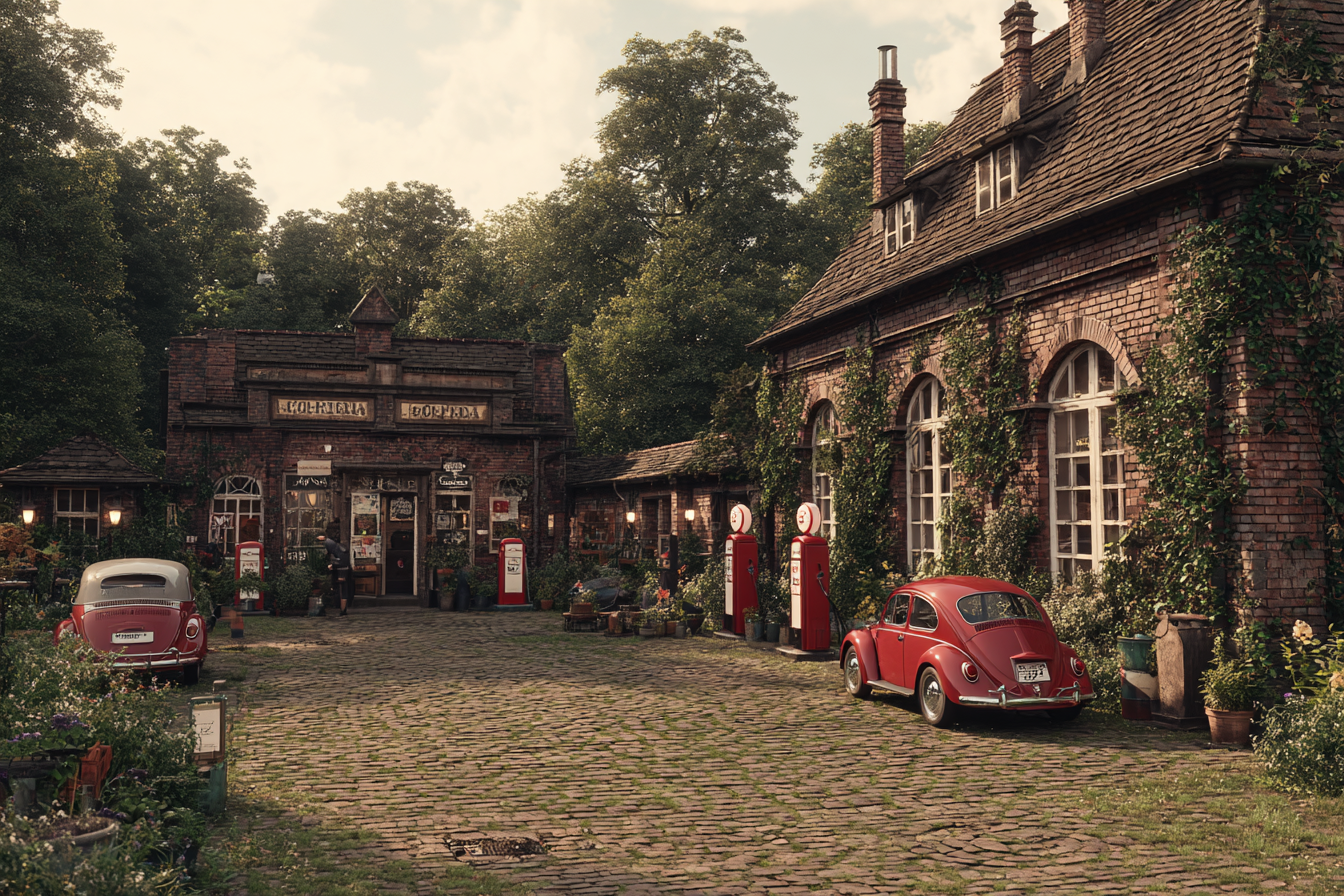 Traumhafte Vintage Szene Mit Quaint Gebäude Und Retro Autos | Oldtimer | Mobilitaet und Technik