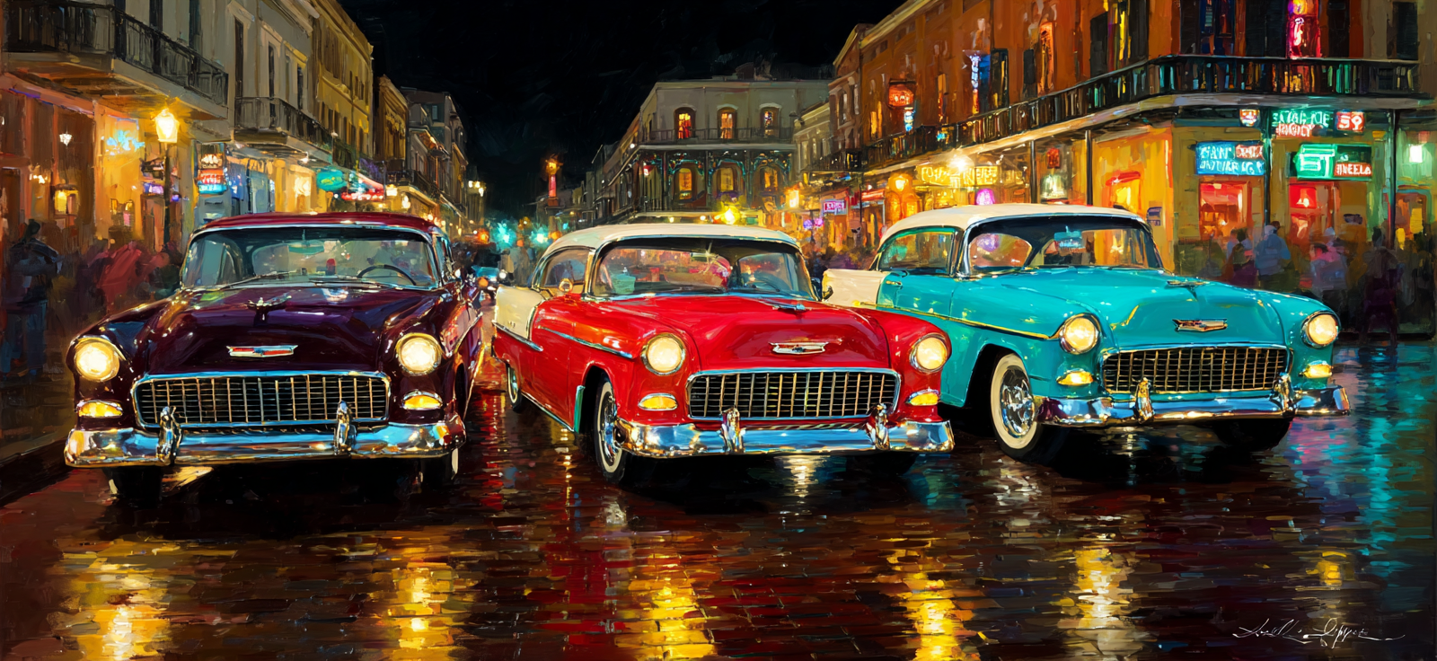 Vibrante Nachtszene Vintage Chevrolet Autos Nassen Strasse Neon Lichter | Oldtimer | Mobilitaet und Technik