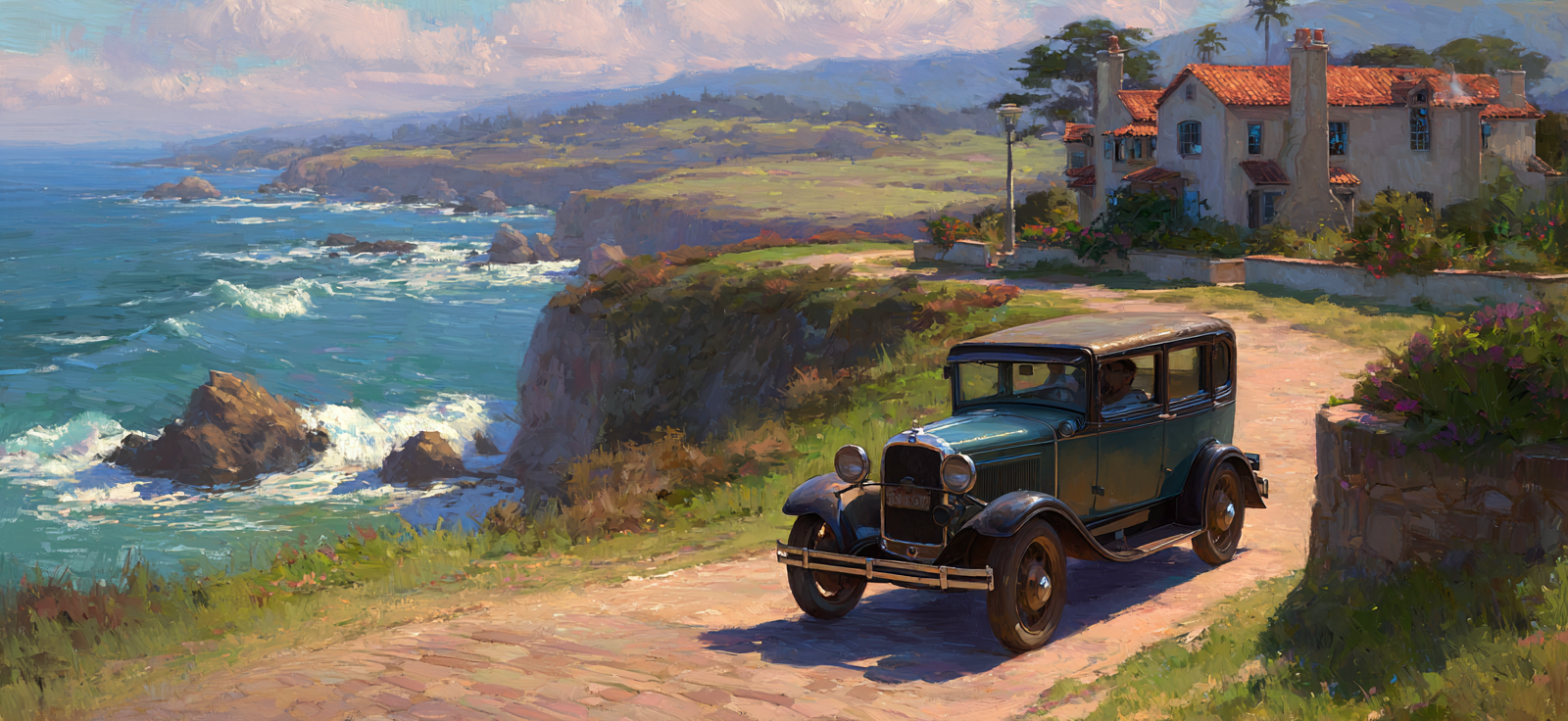 Vintage Auto Coastal Road 1920er Jahre Malerei Idyllische Szenerie | Oldtimer | Mobilitaet und Technik