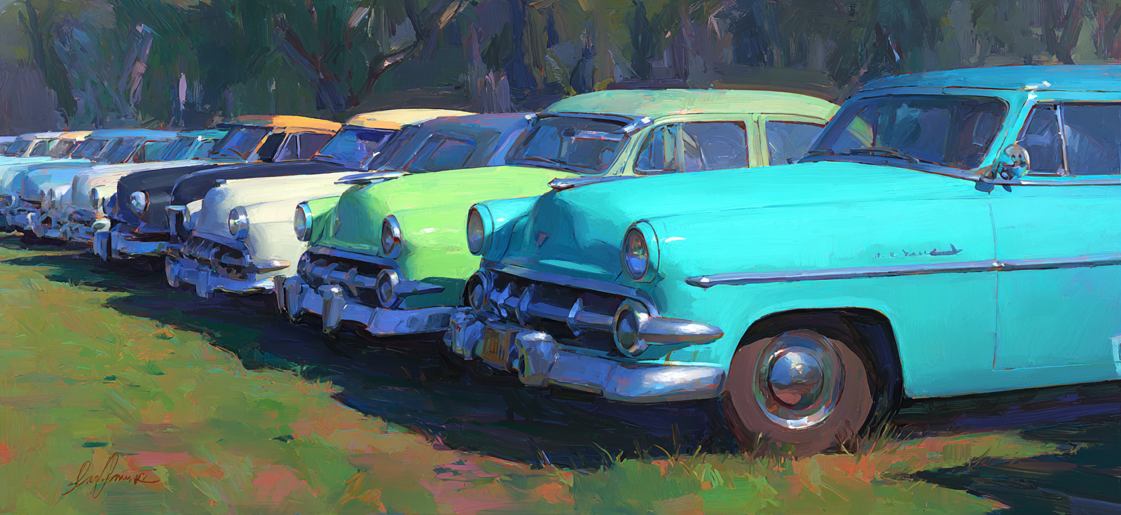 Vintage Autos Im Grünen Lebendige Farbe Illustration | Oldtimer | Mobilitaet und Technik
