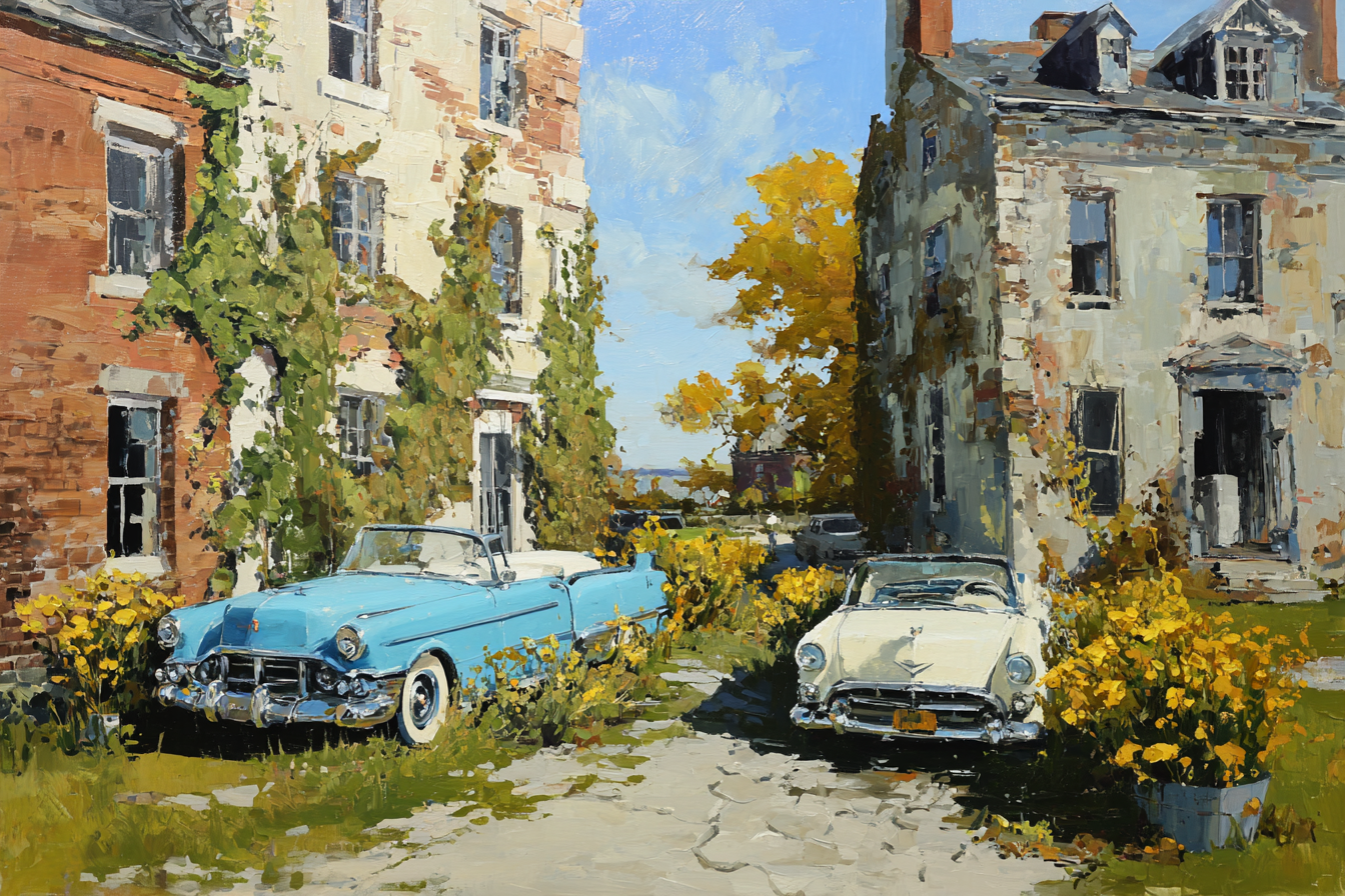 Vintage Autos Near Malerei Gebäude Umgeben Von Pflanzen Und Blumen | Oldtimer | Mobilitaet und Technik