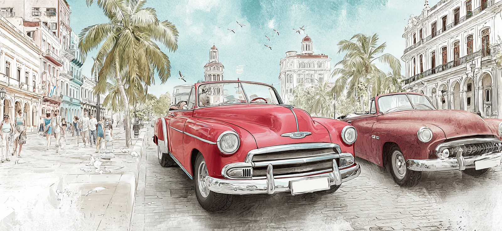 Vintage Autos Stadt Szene Mit Palmen Rot Und Klarer Himmel | Oldtimer | Mobilitaet und Technik