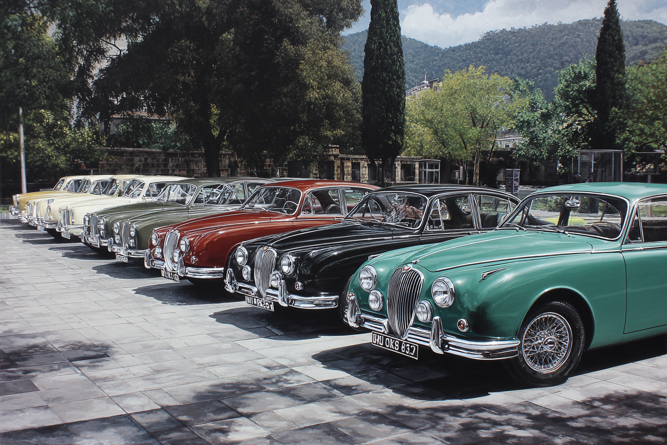 Vintage Jaguar Modelle In Reihe Auf Steinbelag Umgeben Von Bäumen Und Hügeln | Oldtimer | Mobilitaet und Technik