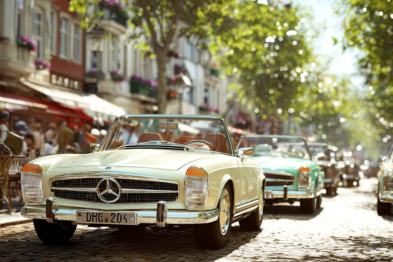 Vintage Mercedes Benz Auf Einer Kopfsteinpflaster Strasse Mit Shops Und Grünem Hintergrund | Oldtimer | Mobilitaet und Technik