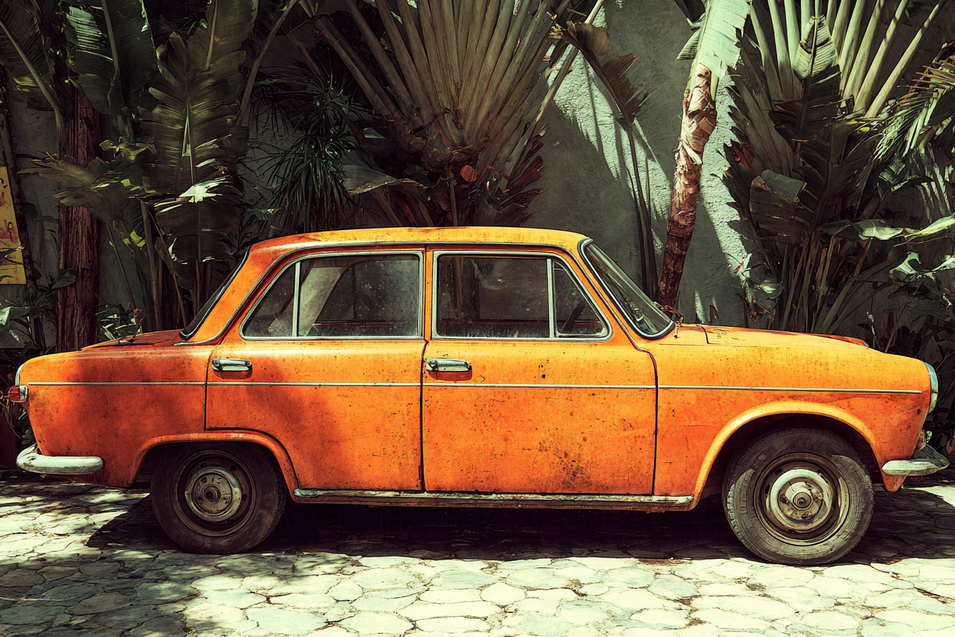Vintage Orange Auto Auf Steinfläche Umgeben Von Tropischen Pflanzen | Oldtimer | Mobilitaet und Technik
