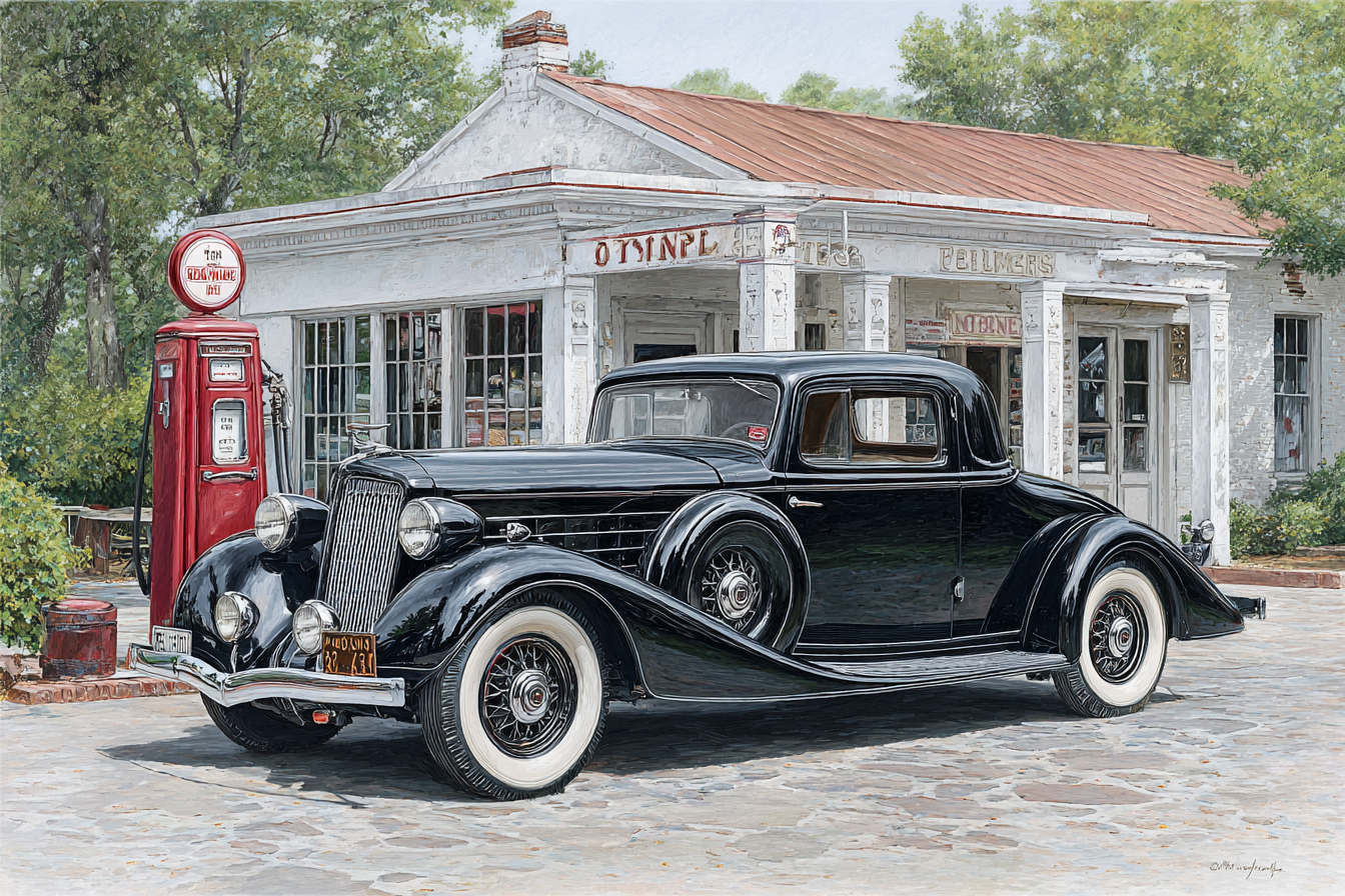 Vintage Schwarzes Auto 1930er Jahre Vor Historischer Tankstelle | Oldtimer | Mobilitaet und Technik