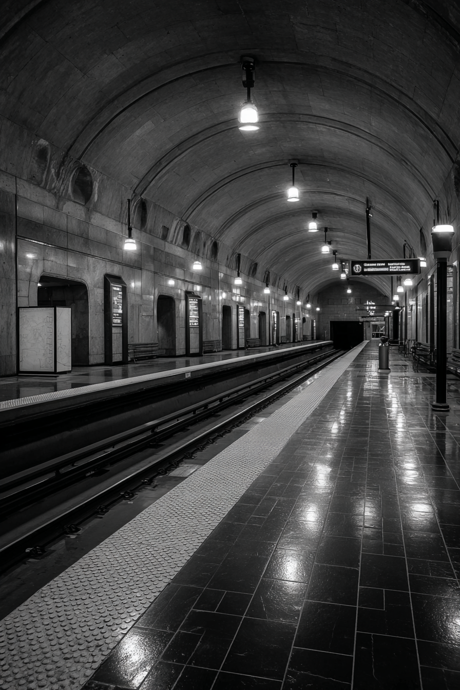 Untergrundbahn Station Leerer Platform Schwarz Und Weiss | U Bahn und Architektur im Verkehrskontext | Mobilitaet und Technik