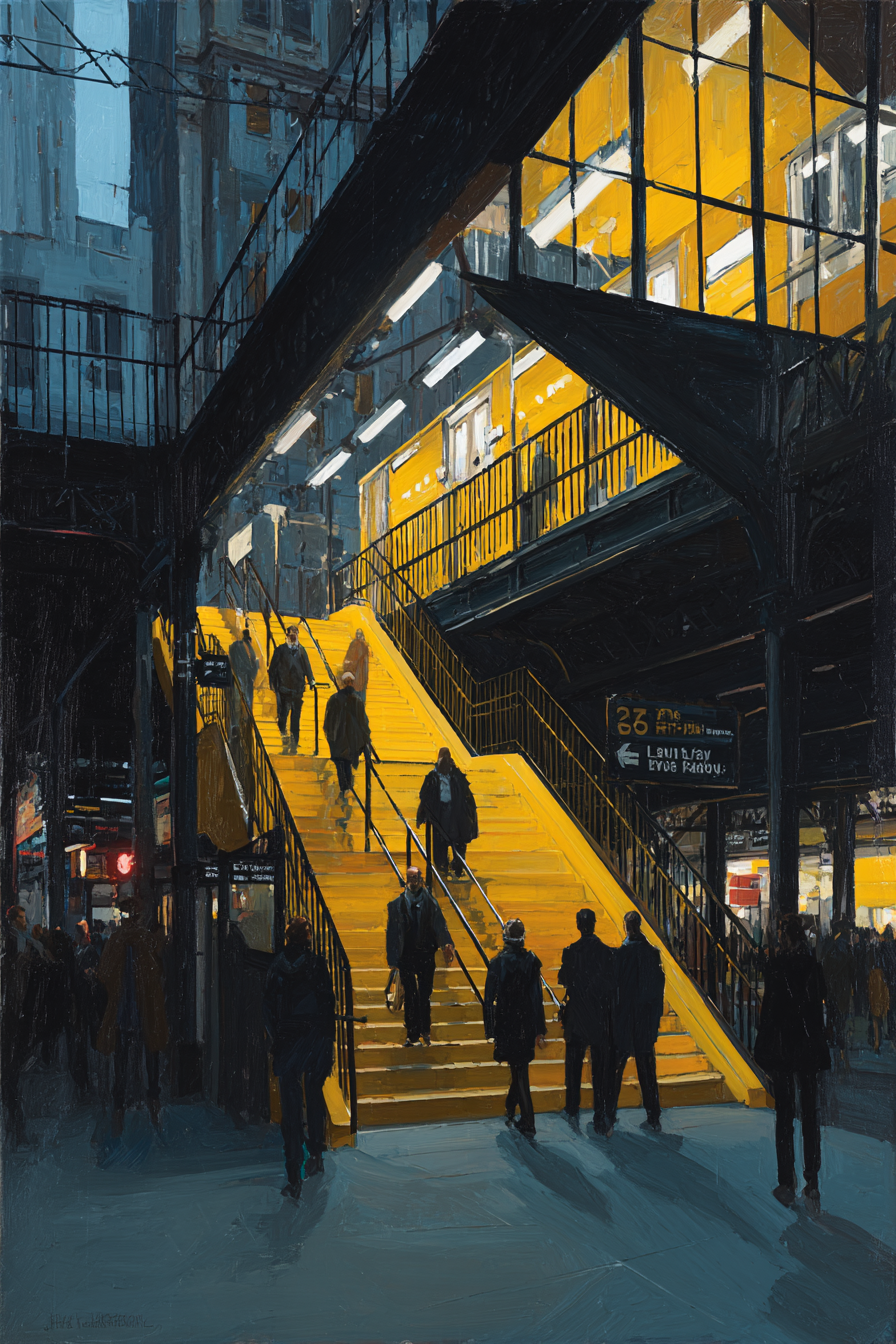 Vibrante Stadtansicht Geleuchtete Gelbe Treppe Unscharfe Lichtschatten | U Bahn und Architektur im Verkehrskontext | Mobilitaet und Technik