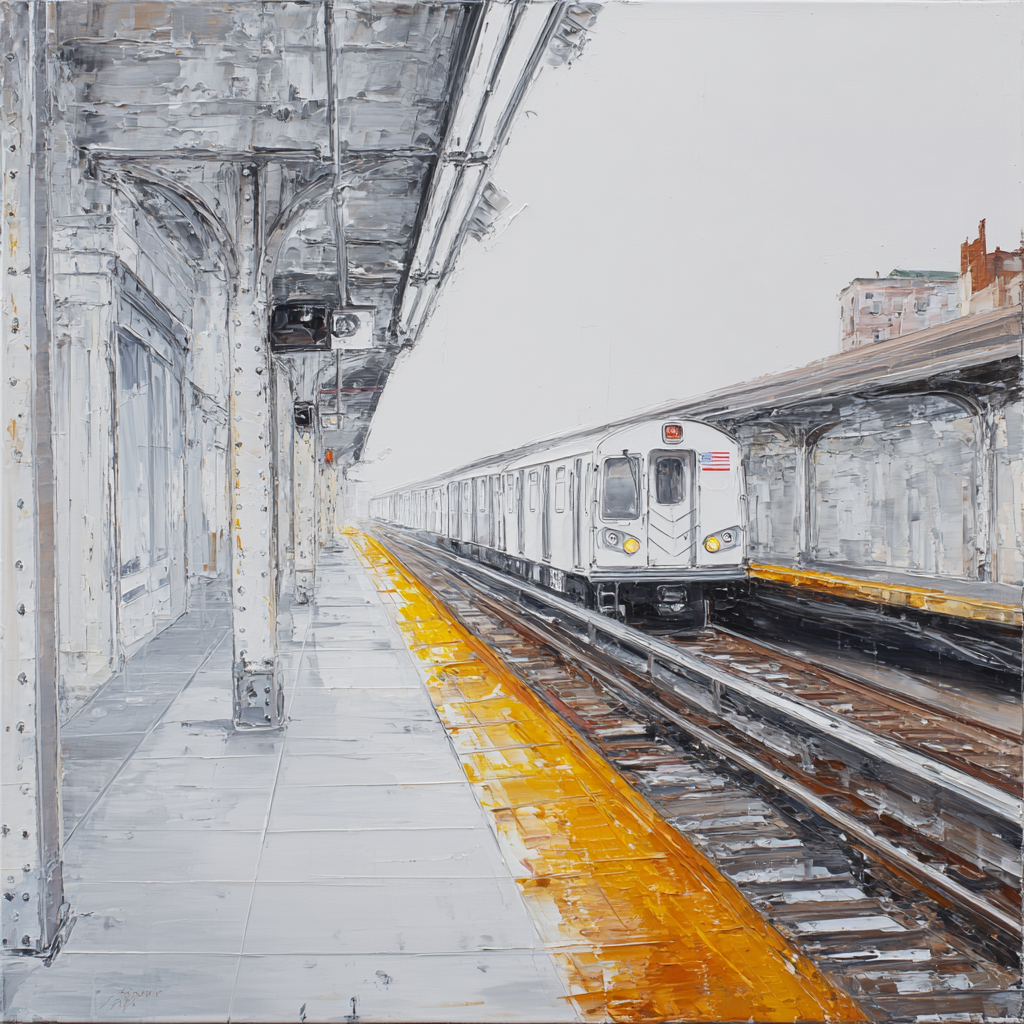 U Bahn Plattform Kunstvolle Darstellung Zug Nahende Station Vertikale Farben | U Bahn und Architektur im Verkehrskontext | Mobilitaet und Technik