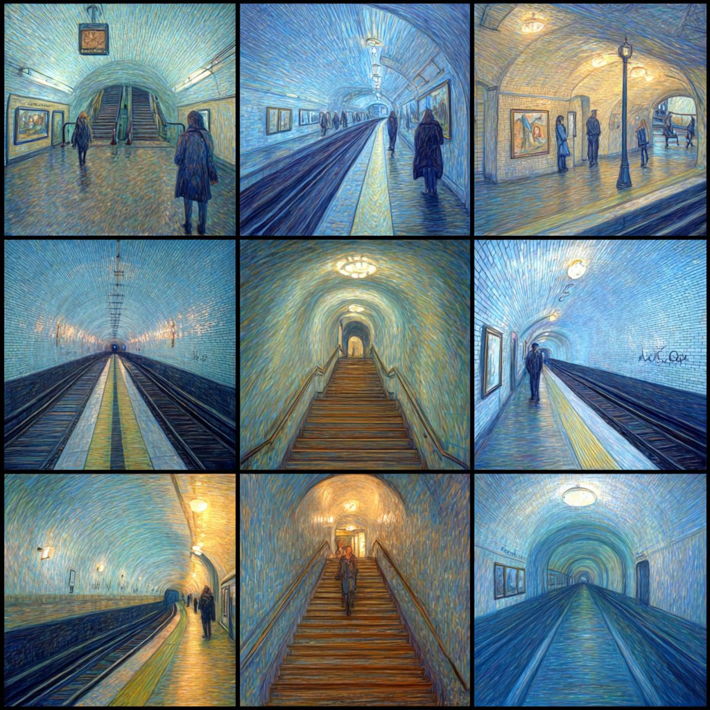 U Bahnhof Collage Post Impressionismus Blaü Tonungen | U Bahn und Architektur im Verkehrskontext | Mobilitaet und Technik