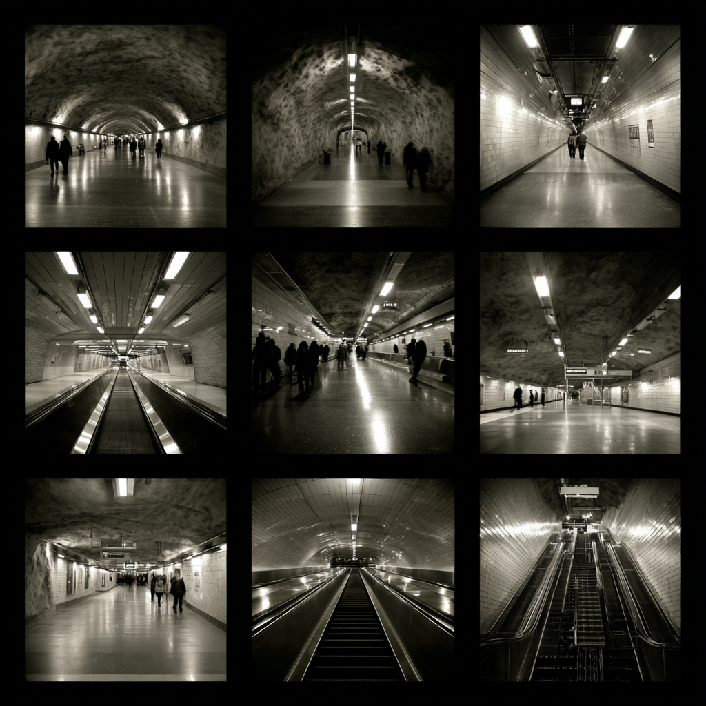 Untergrund Metro Architektur Collage Schwarz Weiss | U Bahn und Architektur im Verkehrskontext | Mobilitaet und Technik