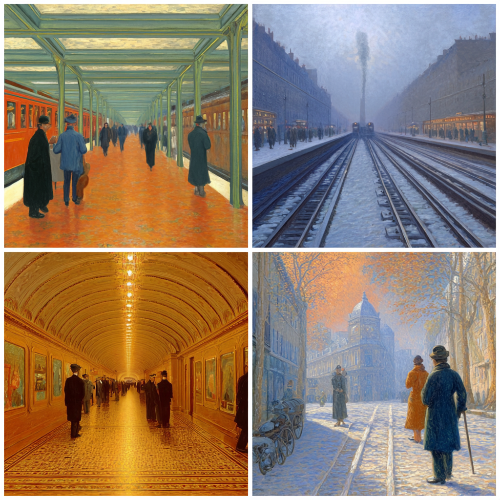 Urbane Szenen Impressionistische Malerei Winter Herbst Stil | U Bahn und Architektur im Verkehrskontext | Mobilitaet und Technik