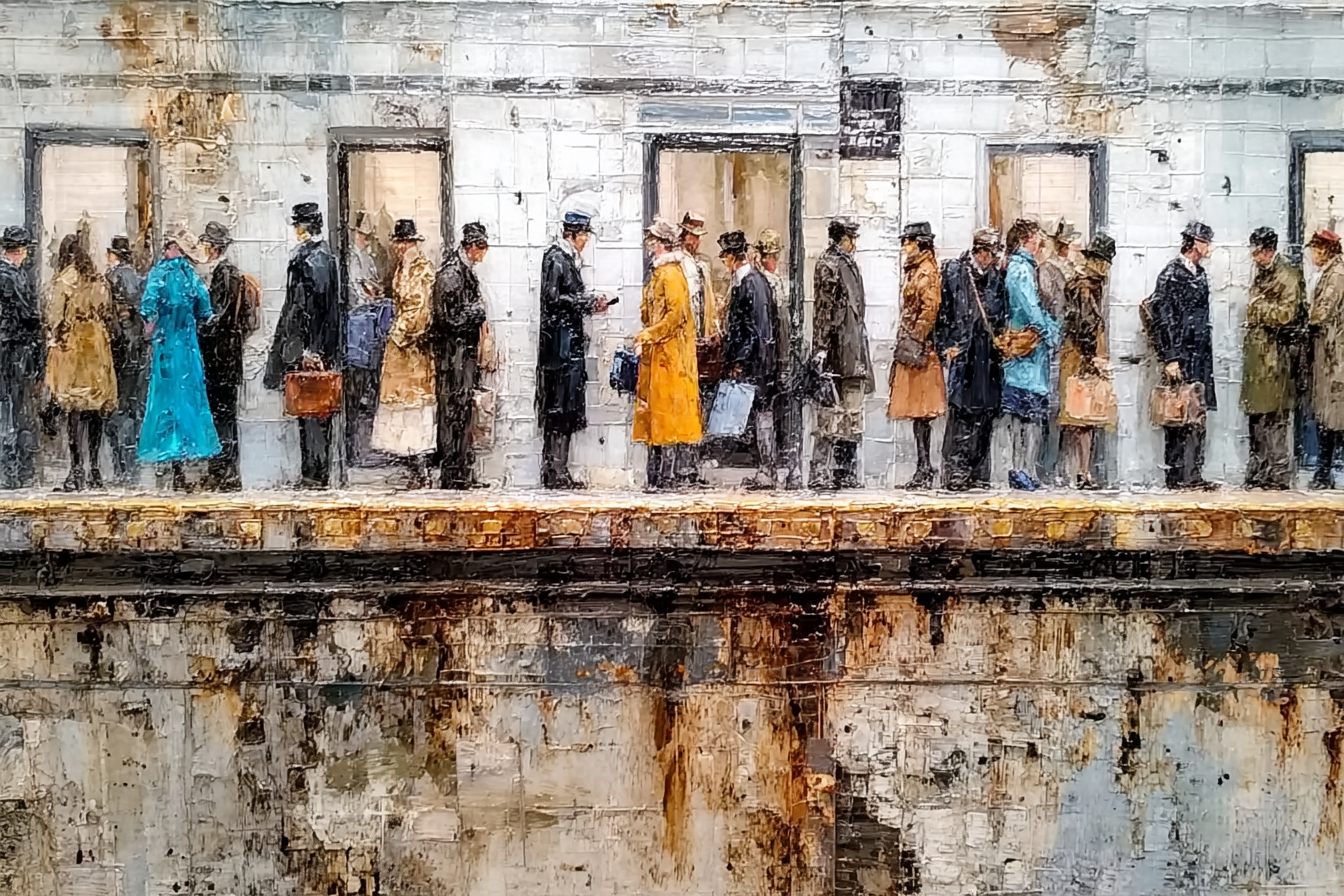 Gruppe Von Menschen Am Bahnhof Mit Blaür Jacke | U Bahn und Architektur im Verkehrskontext | Mobilitaet und Technik