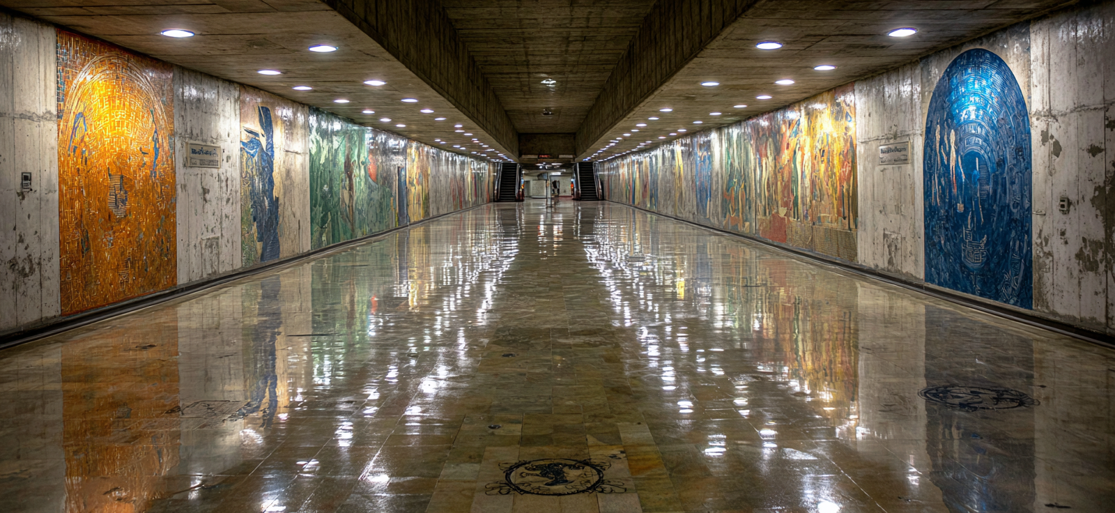 Korridor U Bahnhof Mit Kunstwerk Und Reflektierendem Boden | U Bahn und Architektur im Verkehrskontext | Mobilitaet und Technik