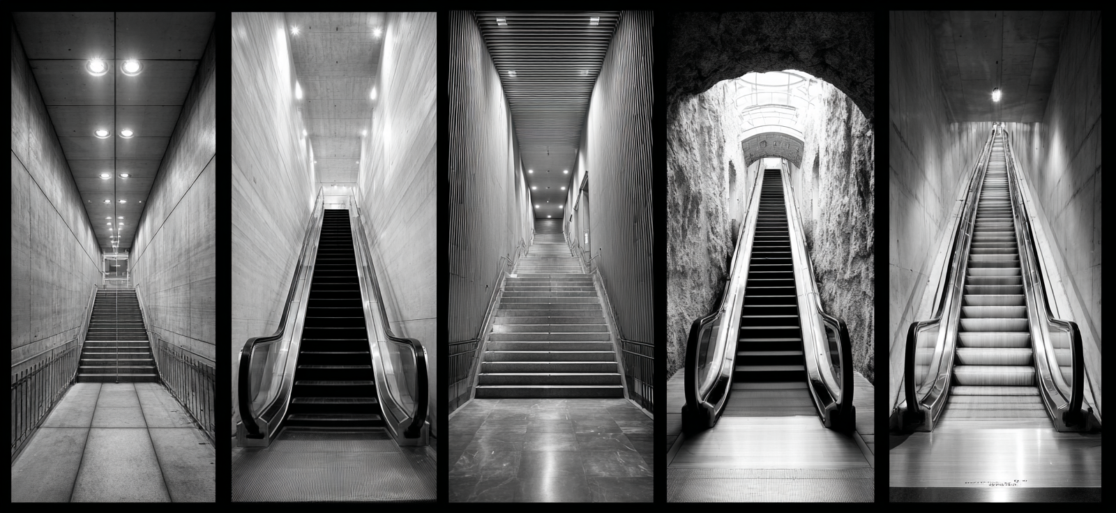 Treppen Und Rolltreppen Kollage Schwarz Weiss | U Bahn und Architektur im Verkehrskontext | Mobilitaet und Technik