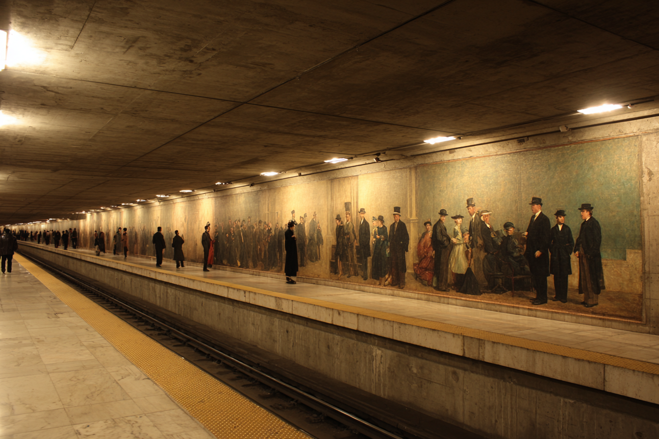 Untergrundbahnhof Mural 19 Jahrhundert Passagiere Plattform | U Bahn und Architektur im Verkehrskontext | Mobilitaet und Technik