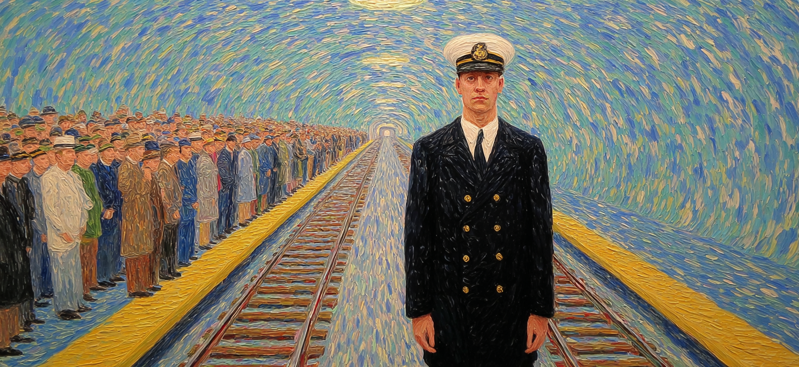 Zentrale Figuren Uniform Navy Bahnhof Menge Impressionismus | U Bahn und Architektur im Verkehrskontext | Mobilitaet und Technik