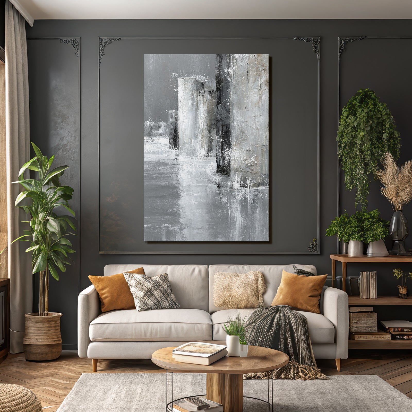 Abstraktes Grauweisses Minimalistisches Gemälde Mit Säulen Und Reflektion