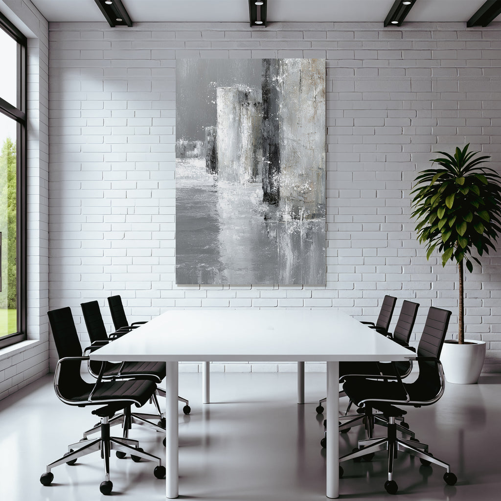 Abstraktes Grauweisses Minimalistisches Gemälde Mit Säulen Und Reflektion