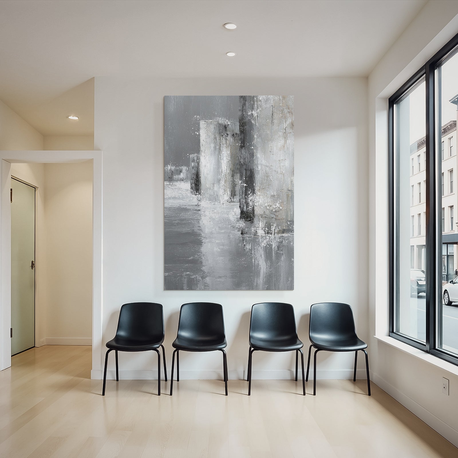 Abstraktes Grauweisses Minimalistisches Gemälde Mit Säulen Und Reflektion
