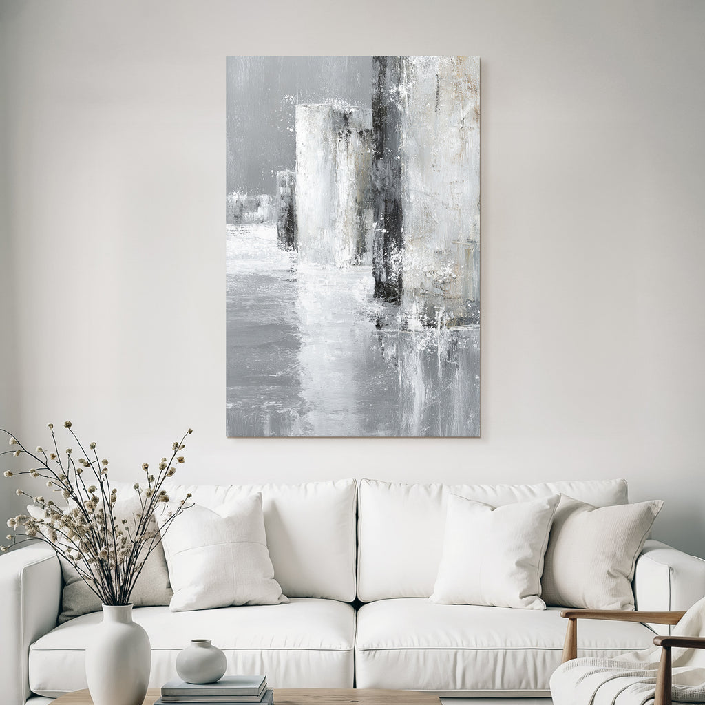 Abstraktes Grauweisses Minimalistisches Gemälde Mit Säulen Und Reflektion