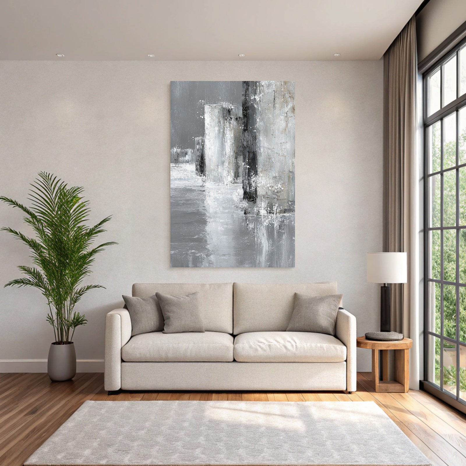 Abstraktes Grauweisses Minimalistisches Gemälde Mit Säulen Und Reflektion
