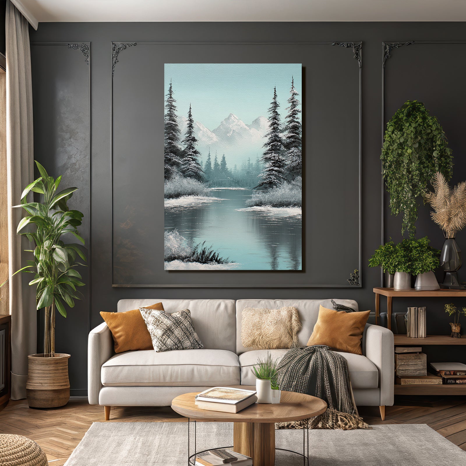 Berglandschaft Mit Bäumen Am Spiegelnden See Und Schneebedeckten Gipfeln