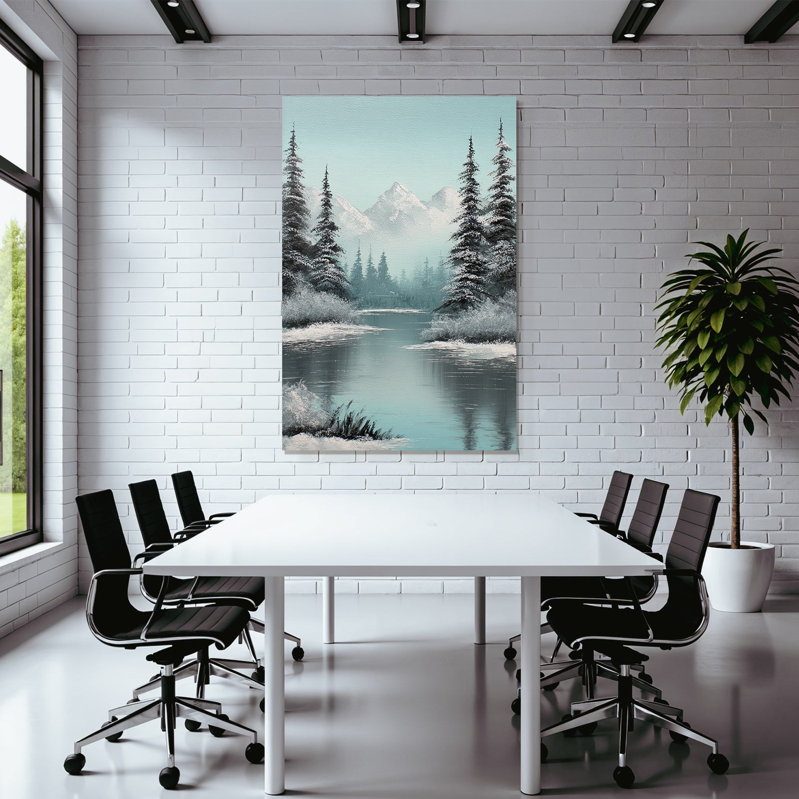 Berglandschaft Mit Bäumen Am Spiegelnden See Und Schneebedeckten Gipfeln