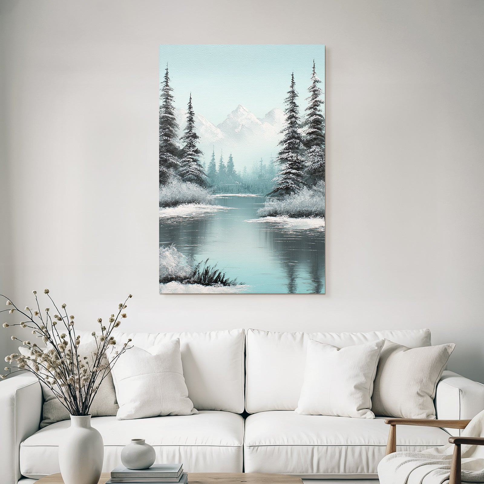 Berglandschaft Mit Bäumen Am Spiegelnden See Und Schneebedeckten Gipfeln