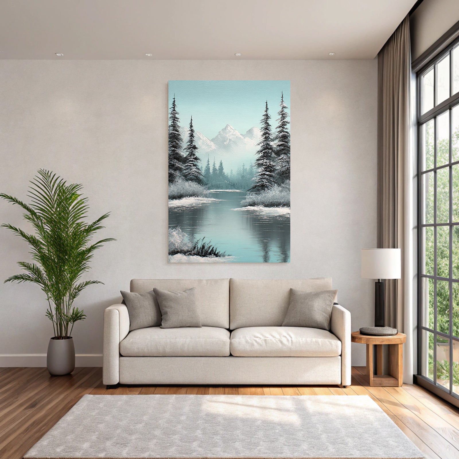 Berglandschaft Mit Bäumen Am Spiegelnden See Und Schneebedeckten Gipfeln