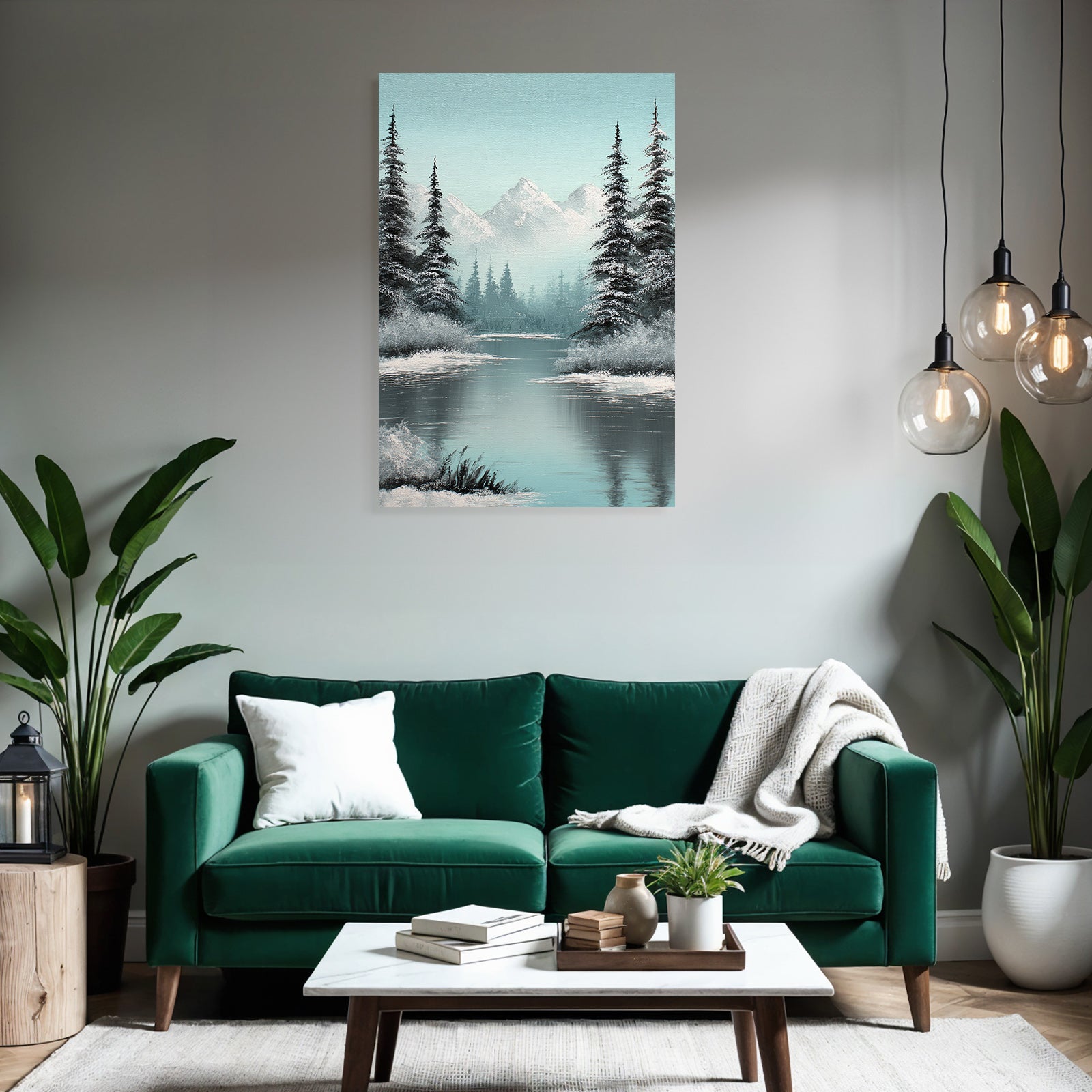 Berglandschaft Mit Bäumen Am Spiegelnden See Und Schneebedeckten Gipfeln