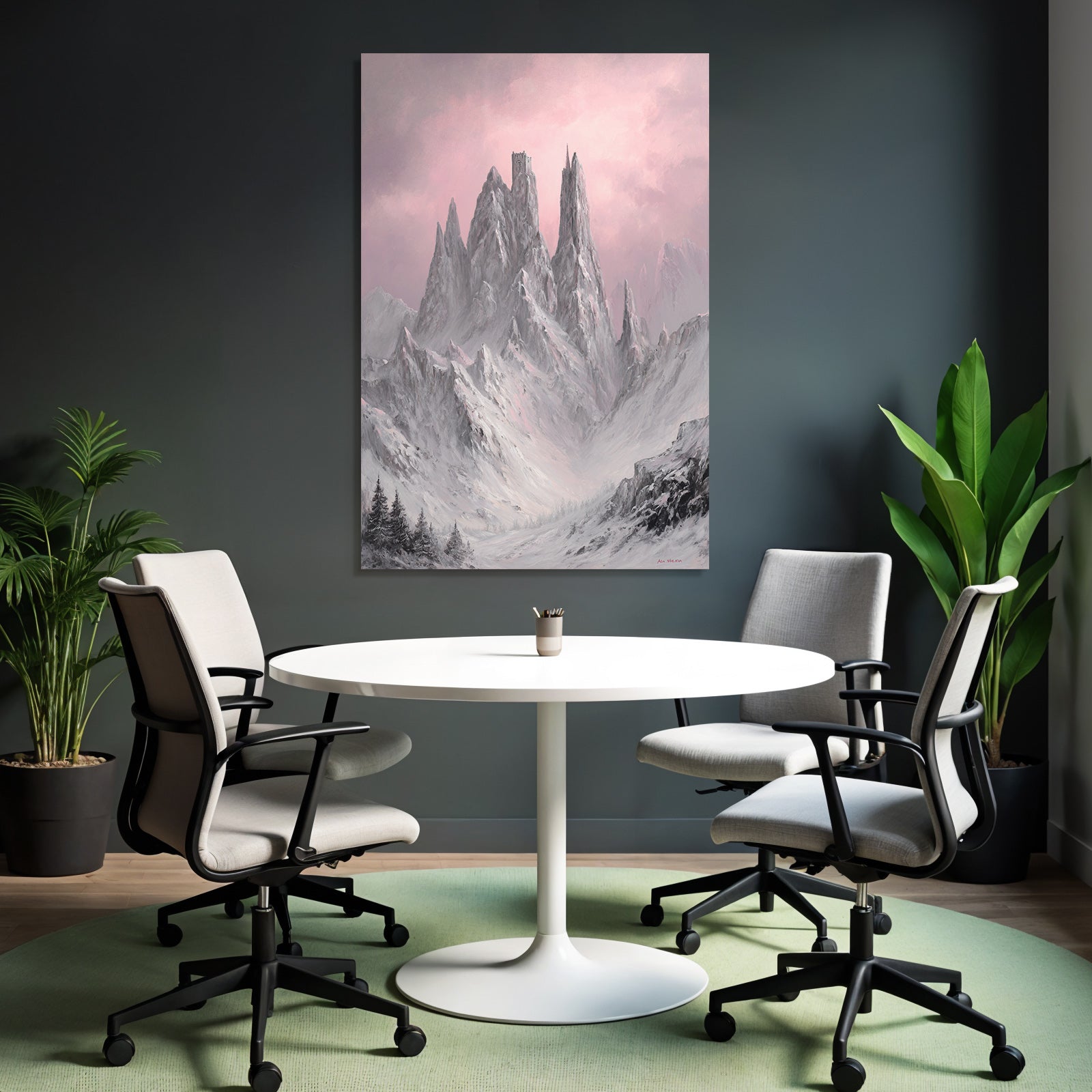 Bergschloss In Rosaroter Winterlandschaft