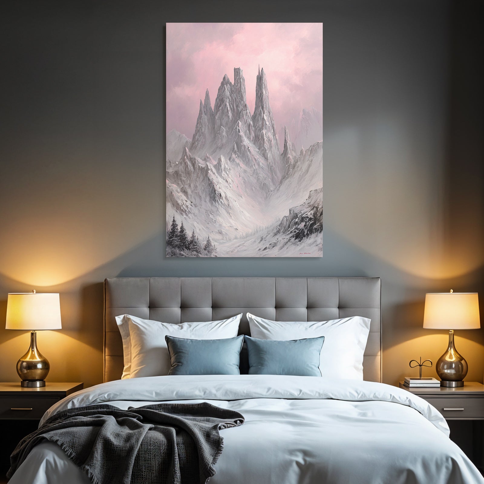 Bergschloss In Rosaroter Winterlandschaft