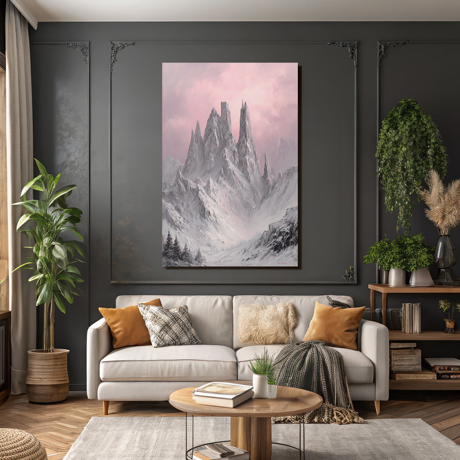 Bergschloss In Rosaroter Winterlandschaft